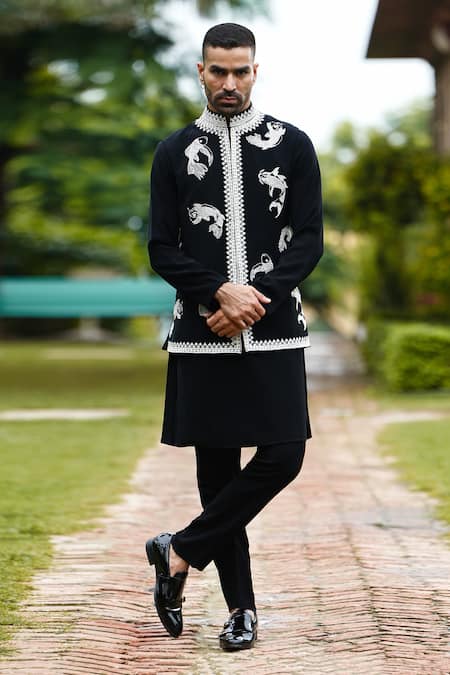 Shop Courtyard By Abhi Black Lycra Cut Work, Embroidery Fish Bundi And Kurta Set at Aza Fashions Shop_Courtyard By Abhi_Black Lycra Cut Work, Embroidery Fish Bundi And Kurta Set _at_Aza_Fashions