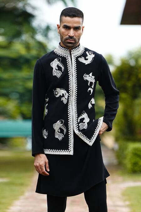 Courtyard By Abhi Black Lycra Cut Work, Embroidery Fish Bundi And Kurta Set Online at Aza Fashions Courtyard By Abhi_Black Lycra Cut Work, Embroidery Fish Bundi And Kurta Set _Online_at_Aza_Fashions
