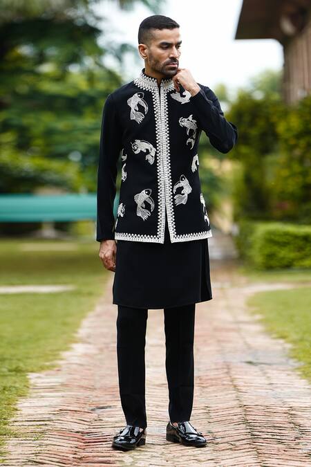 Buy Courtyard By Abhi Black Lycra Cut Work, Embroidery Fish Bundi And Kurta Set Online at Aza Fashions Buy_Courtyard By Abhi_Black Lycra Cut Work, Embroidery Fish Bundi And Kurta Set _Online_at_Aza_Fashions