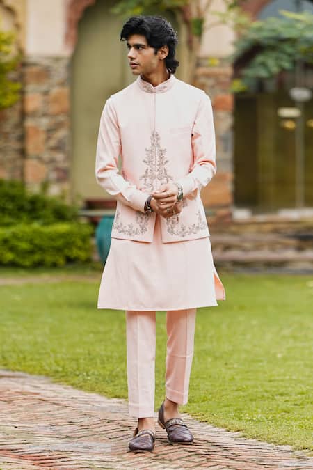 Courtyard By Abhi Peach Lycra Cut Work, Embroidery, Diamonds Floral Bundi And Kurta Set 