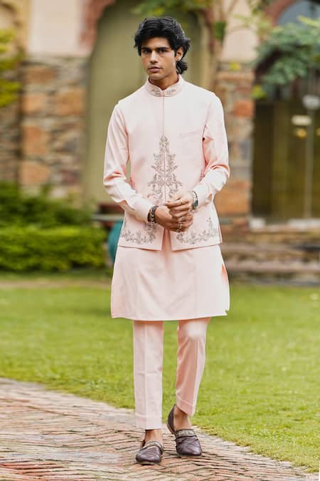 Shop Courtyard By Abhi Peach Lycra Cut Work, Embroidery, Diamonds Floral Bundi And Kurta Set at Aza Fashions Shop_Courtyard By Abhi_Peach Lycra Cut Work, Embroidery, Diamonds Floral Bundi And Kurta Set _at_Aza_Fashions