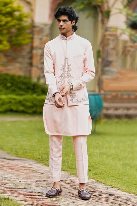 Courtyard By Abhi Peach Lycra Cut Work, Embroidery, Diamonds Floral Bundi And Kurta Set Online at Aza Fashions Courtyard By Abhi_Peach Lycra Cut Work, Embroidery, Diamonds Floral Bundi And Kurta Set _Online_at_Aza_Fashions