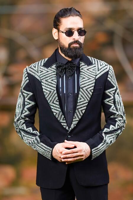 Shop Courtyard By Abhi Black Cotton, Lycra, Silk Beads, Cut Work, Embroidery Cutdana Blazer Set Online at Aza Fashions Shop_Courtyard By Abhi_Black Cotton, Lycra, Silk Beads, Cut Work, Embroidery Cutdana Blazer Set _Online_at_Aza_Fashions
