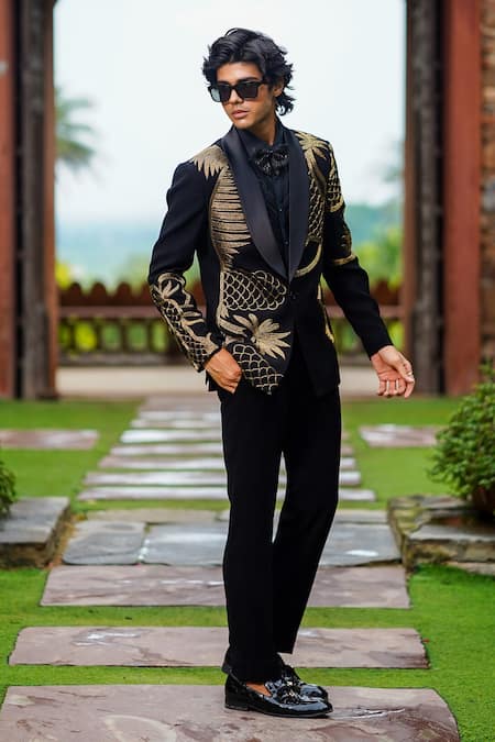 Shop_Courtyard By Abhi_Black Cotton, Lycra Zari, Cut Work Embroidered Blazer Set _at_Aza_Fashions