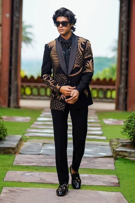 Courtyard By Abhi_Black Cotton, Lycra Zari, Cut Work Embroidered Blazer Set _Online_at_Aza_Fashions