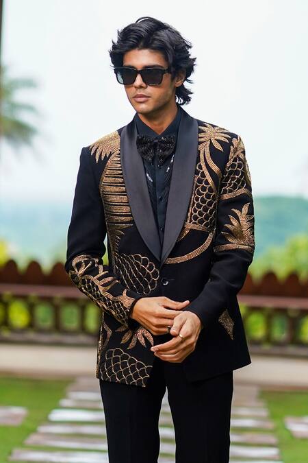 Buy_Courtyard By Abhi_Black Cotton, Lycra Zari, Cut Work Embroidered Blazer Set _Online_at_Aza_Fashions