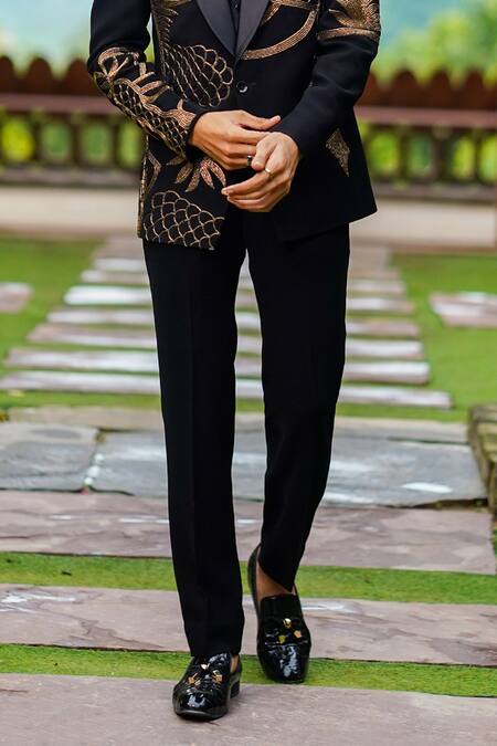 Shop_Courtyard By Abhi_Black Cotton, Lycra Zari, Cut Work Embroidered Blazer Set _Online_at_Aza_Fashions