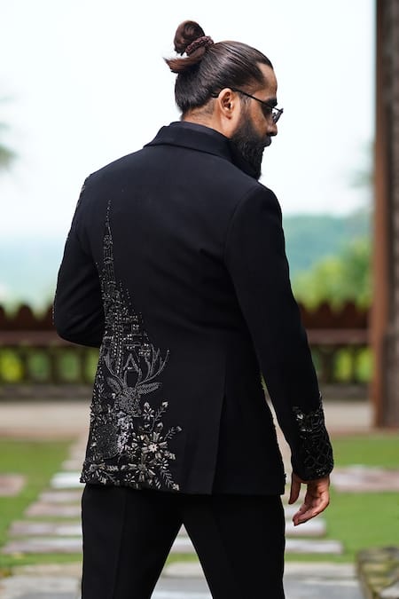 Shop Courtyard By Abhi Black Cotton, Lycra Embroidery, Cut Work, Pearls Cutdana Blazer Set at Aza Fashions Shop_Courtyard By Abhi_Black Cotton, Lycra Embroidery, Cut Work, Pearls Cutdana Blazer Set _at_Aza_Fashions