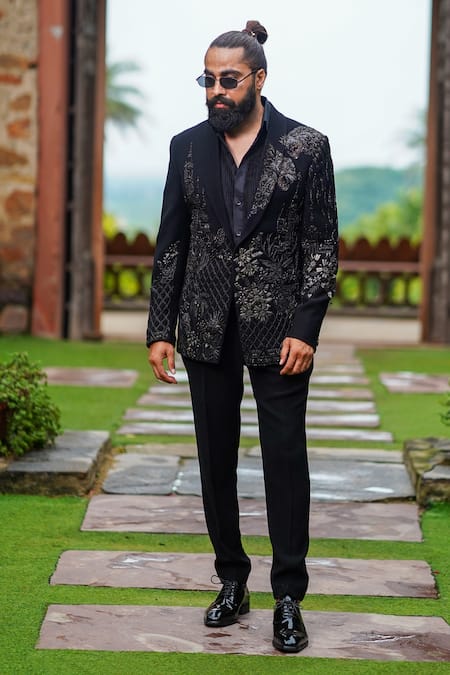 Courtyard By Abhi Black Cotton, Lycra Embroidery, Cut Work, Pearls Cutdana Blazer Set Online at Aza Fashions Courtyard By Abhi_Black Cotton, Lycra Embroidery, Cut Work, Pearls Cutdana Blazer Set _Online_at_Aza_Fashions