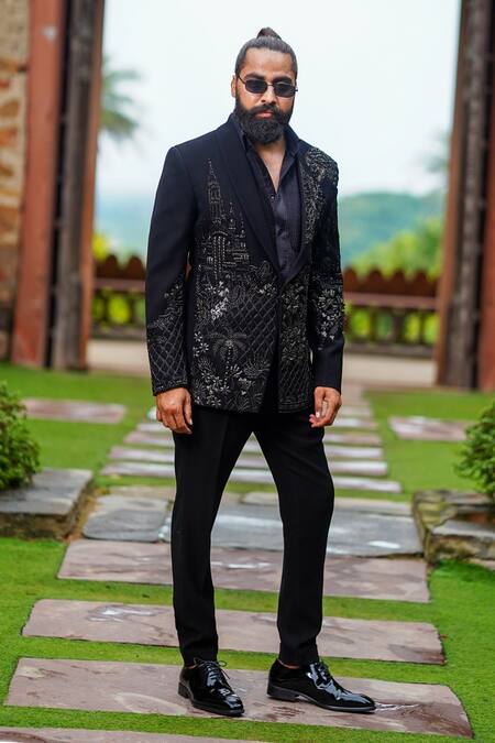 Buy Courtyard By Abhi Black Cotton, Lycra Embroidery, Cut Work, Pearls Cutdana Blazer Set Online at Aza Fashions Buy_Courtyard By Abhi_Black Cotton, Lycra Embroidery, Cut Work, Pearls Cutdana Blazer Set _Online_at_Aza_Fashions