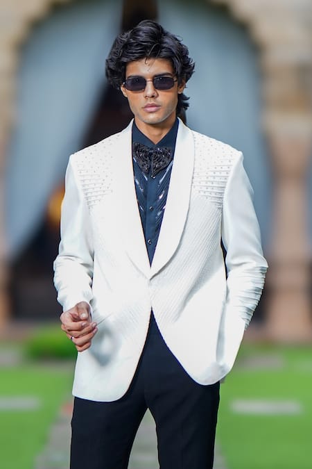 Courtyard By Abhi_White Cotton, Lycra, Silk Embroidery Moti Blazer Set _Online_at_Aza_Fashions