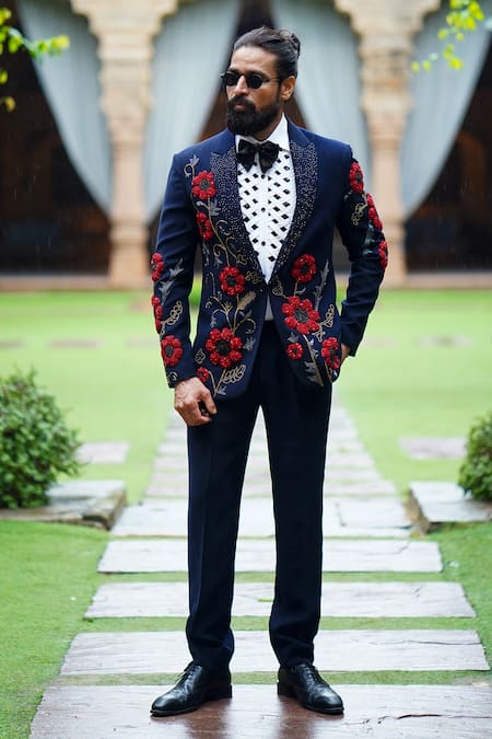 Courtyard By Abhi 3D Floral Embroidered Blazer Set 