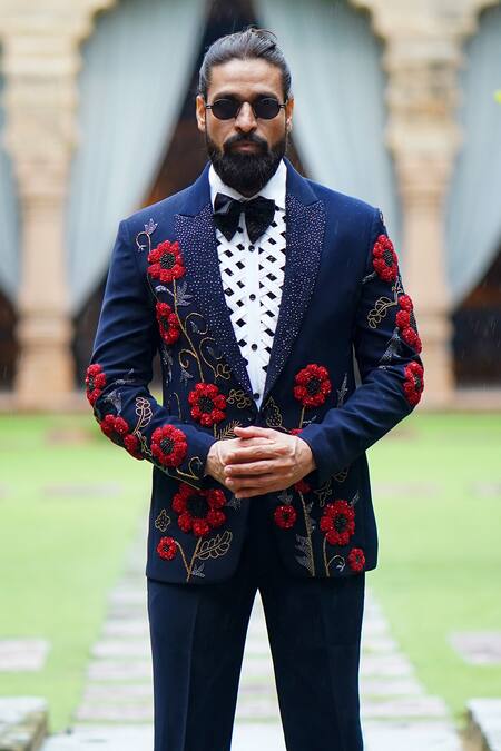 Buy_Courtyard By Abhi_Blue Cotton, Lycra Cut Work, Sequins, Embroidery 3d Floral Blazer Set _Online_at_Aza_Fashions