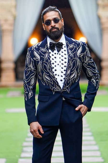 Shop Courtyard By Abhi Blue Cotton, Lycra, Silk Embroidery, Sequins Leaf Blazer Set at Aza Fashions Shop_Courtyard By Abhi_Blue Cotton, Lycra, Silk Embroidery, Sequins Leaf Blazer Set _at_Aza_Fashions