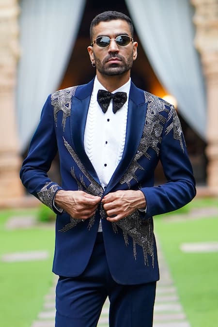 Shop Courtyard By Abhi Blue Cotton, Lycra, Silk Cut Work, Pearls Geometric Embroidered Blazer Set at Aza Fashions Shop_Courtyard By Abhi_Blue Cotton, Lycra, Silk Cut Work, Pearls Geometric Embroidered Blazer Set _at_Aza_Fashions