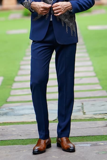 Courtyard By Abhi Blue Cotton, Lycra, Silk Cut Work, Pearls Geometric Embroidered Blazer Set Online at Aza Fashions Courtyard By Abhi_Blue Cotton, Lycra, Silk Cut Work, Pearls Geometric Embroidered Blazer Set _Online_at_Aza_Fashions