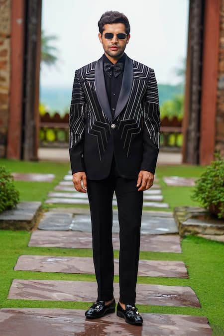 Shop Courtyard By Abhi Black Lycra Cut Work Geometric Embroidered Blazer Trouser Set at Aza Fashions Shop_Courtyard By Abhi_Black Lycra Cut Work Geometric Embroidered Blazer Trouser Set _at_Aza_Fashions