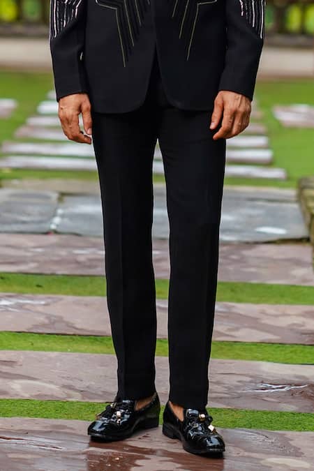 Courtyard By Abhi Black Lycra Cut Work Geometric Embroidered Blazer Trouser Set Online at Aza Fashions Courtyard By Abhi_Black Lycra Cut Work Geometric Embroidered Blazer Trouser Set _Online_at_Aza_Fashions