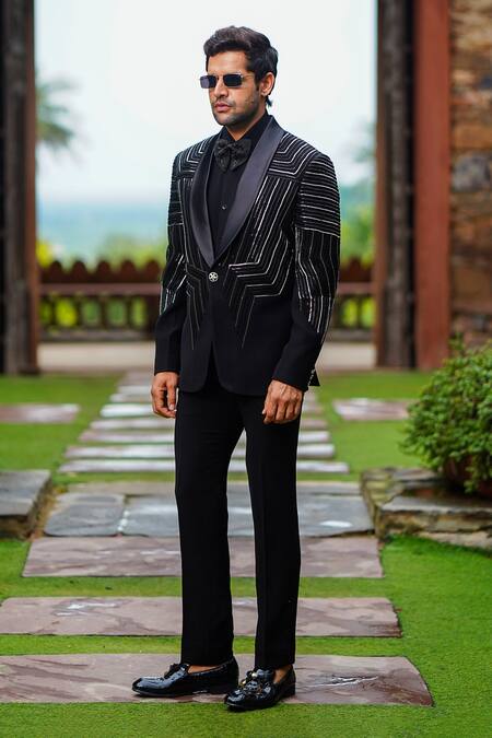 Buy Courtyard By Abhi Black Lycra Cut Work Geometric Embroidered Blazer Trouser Set Online at Aza Fashions Buy_Courtyard By Abhi_Black Lycra Cut Work Geometric Embroidered Blazer Trouser Set _Online_at_Aza_Fashions