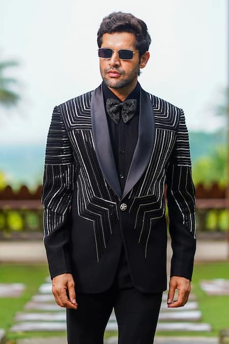 Shop Courtyard By Abhi Black Lycra Cut Work Geometric Embroidered Blazer Trouser Set Online at Aza Fashions Shop_Courtyard By Abhi_Black Lycra Cut Work Geometric Embroidered Blazer Trouser Set _Online_at_Aza_Fashions