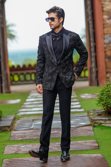 Shop_Courtyard By Abhi_Black Lycra Cut Work, Beads Cutdana Embroidered Blazer Trouser Set _at_Aza_Fashions