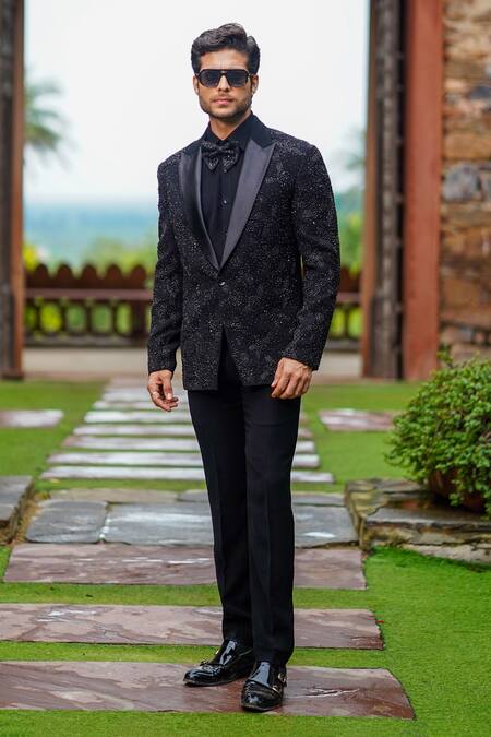 Courtyard By Abhi_Black Lycra Cut Work, Beads Cutdana Embroidered Blazer Trouser Set _Online_at_Aza_Fashions