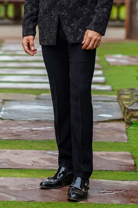 Buy_Courtyard By Abhi_Black Lycra Cut Work, Beads Cutdana Embroidered Blazer Trouser Set _Online_at_Aza_Fashions