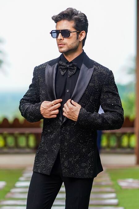 Shop_Courtyard By Abhi_Black Lycra Cut Work, Beads Cutdana Embroidered Blazer Trouser Set _Online_at_Aza_Fashions