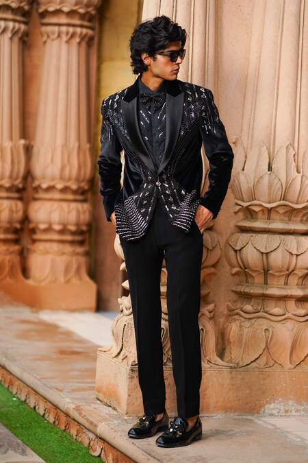 Courtyard By Abhi_Black Velvet, Cotton, Lycra, Silk Cut Work, Sequins, Pearls, Blazer Set _Online_at_Aza_Fashions