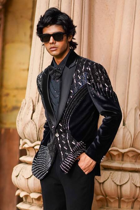 Shop_Courtyard By Abhi_Black Velvet, Cotton, Lycra, Silk Cut Work, Sequins, Pearls, Blazer Set _Online_at_Aza_Fashions
