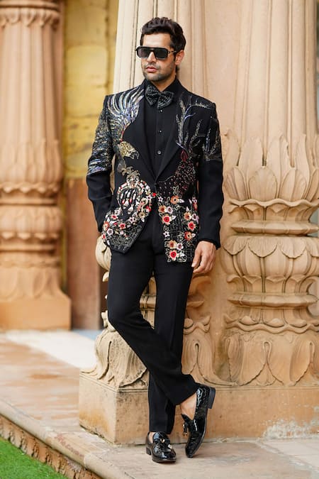 Courtyard by abhi Black Japanese Lycra Embroidery Sequin Flower Blazer Set 