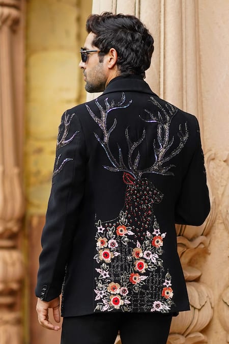 Courtyard By Abhi_Black Lycra Embroidery Flower Blazer Set _Online_at_Aza_Fashions