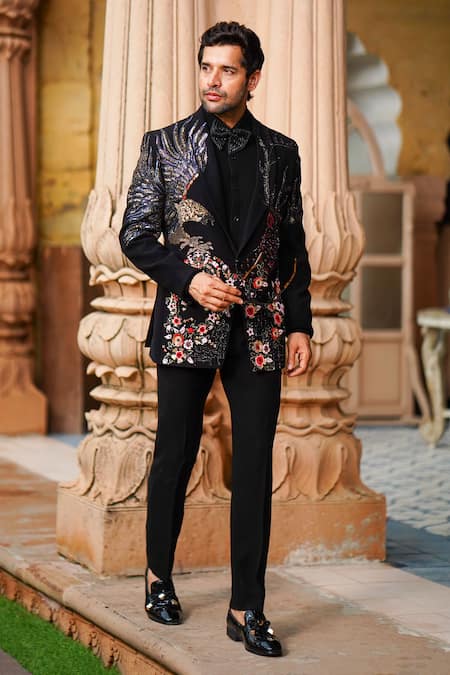 Buy_Courtyard By Abhi_Black Lycra Embroidery Flower Blazer Set _Online_at_Aza_Fashions