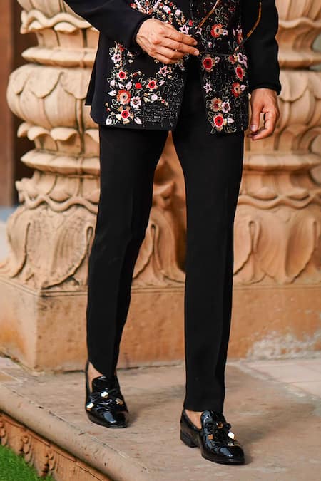 Shop_Courtyard By Abhi_Black Lycra Embroidery Flower Blazer Set _Online_at_Aza_Fashions