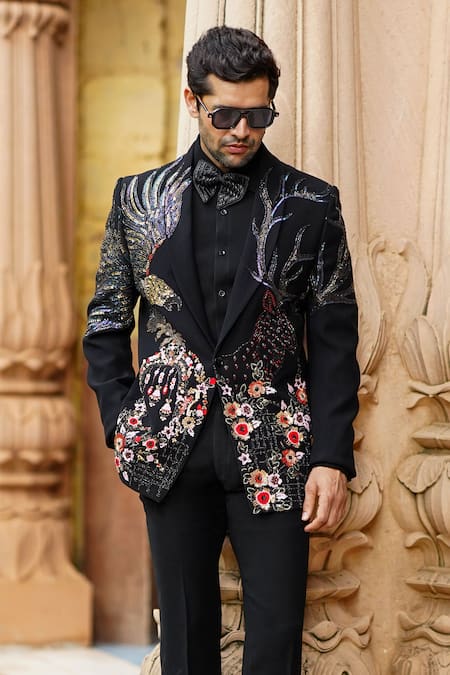 Courtyard By Abhi_Black Lycra Embroidery Flower Blazer Set _at_Aza_Fashions