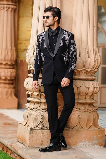 Courtyard by abhi Black Japanese Lycra Embroidery Cutdana Zari Floral Blazer Set 