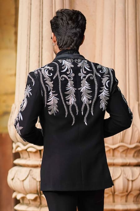 Shop Courtyard By Abhi Black Lycra Cut Work, Embroidery Zari Floral Blazer Set at Aza Fashions Shop_Courtyard By Abhi_Black Lycra Cut Work, Embroidery Zari Floral Blazer Set _at_Aza_Fashions