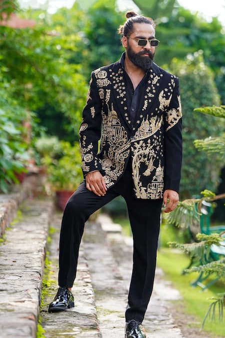 Courtyard by abhi Black Japanese Lycra Embroidery Zari Architectural Blazer Set 