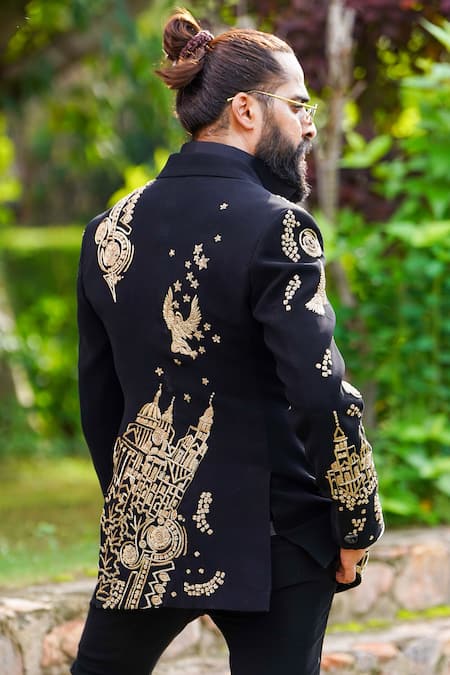 Shop Courtyard By Abhi Black Lycra Pearls, Zari Architectural Embroidered Blazer Set at Aza Fashions Shop_Courtyard By Abhi_Black Lycra Pearls, Zari Architectural Embroidered Blazer Set _at_Aza_Fashions