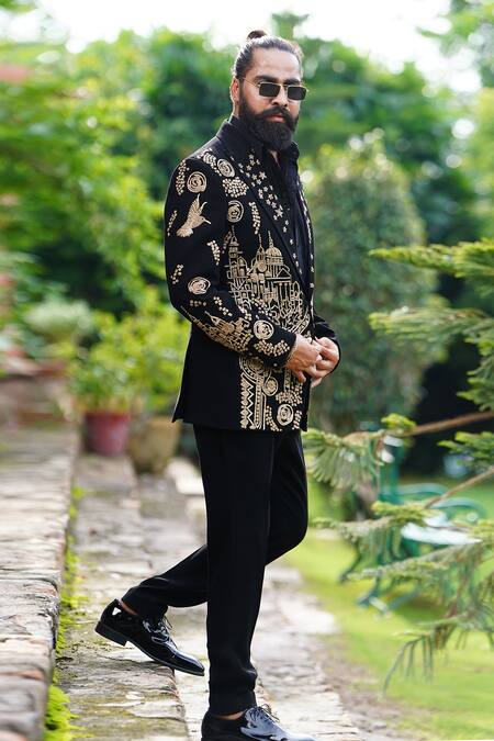 Courtyard By Abhi Black Lycra Pearls, Zari Architectural Embroidered Blazer Set Online at Aza Fashions Courtyard By Abhi_Black Lycra Pearls, Zari Architectural Embroidered Blazer Set _Online_at_Aza_Fashions