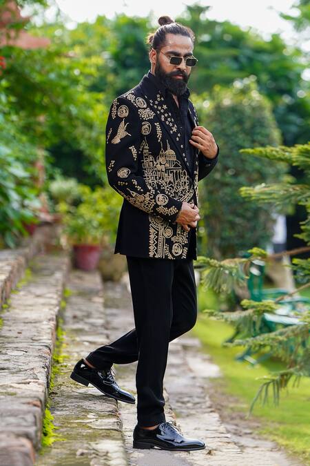 Buy Courtyard By Abhi Black Lycra Pearls, Zari Architectural Embroidered Blazer Set Online at Aza Fashions Buy_Courtyard By Abhi_Black Lycra Pearls, Zari Architectural Embroidered Blazer Set _Online_at_Aza_Fashions
