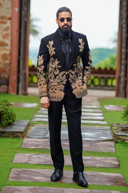 Shop_Courtyard By Abhi_Black Cotton, Lycra Embroidery Resham Work Blazer Set _at_Aza_Fashions