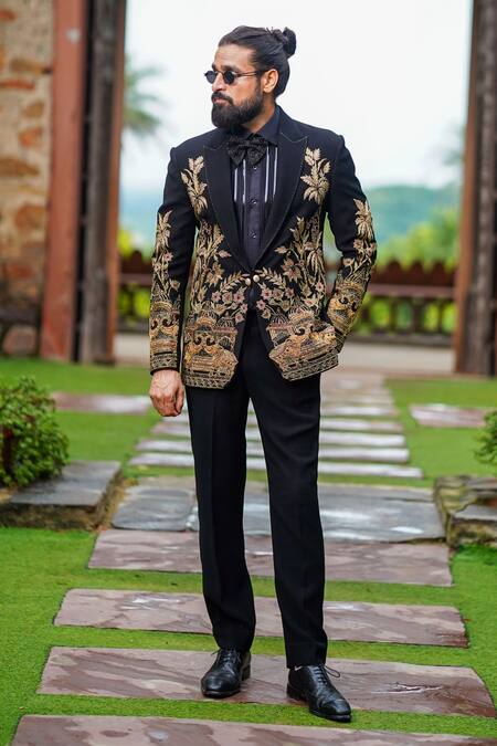 Courtyard By Abhi_Black Cotton, Lycra Embroidery Resham Work Blazer Set _Online_at_Aza_Fashions