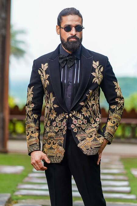 Shop_Courtyard By Abhi_Black Cotton, Lycra Embroidery Resham Work Blazer Set _Online_at_Aza_Fashions