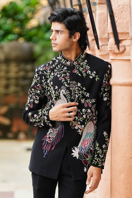 Courtyard By Abhi_Black Lycra Cut Work, Embroidery Mor Bagh Bandhgala With Trouser _Online_at_Aza_Fashions
