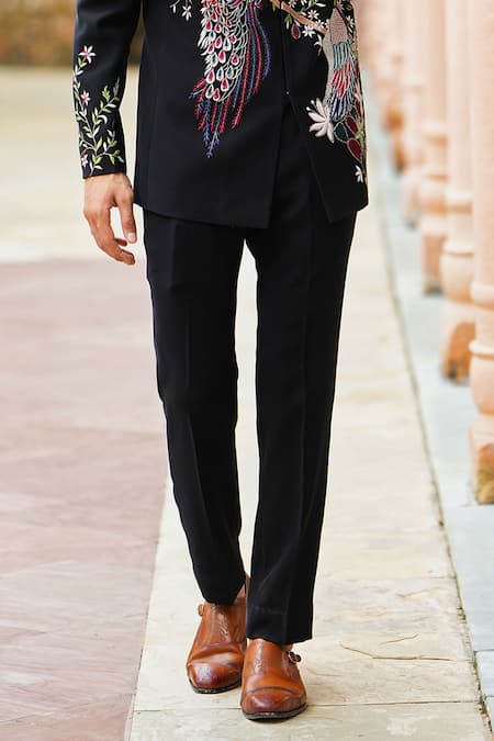 Buy_Courtyard By Abhi_Black Lycra Cut Work, Embroidery Mor Bagh Bandhgala With Trouser _Online_at_Aza_Fashions