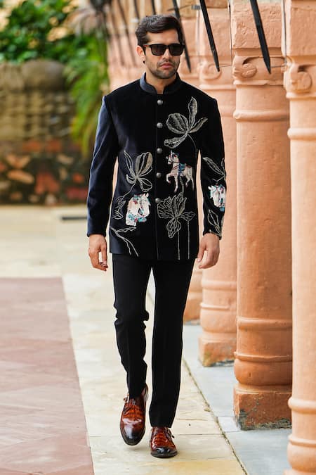 Shop Courtyard By Abhi Black Velvet, Lycra, Polyester Cut Merry Pony Garden Bandhgala With Trouser at Aza Fashions Shop_Courtyard By Abhi_Black Velvet, Lycra, Polyester Cut Merry Pony Garden Bandhgala With Trouser _at_Aza_Fashions