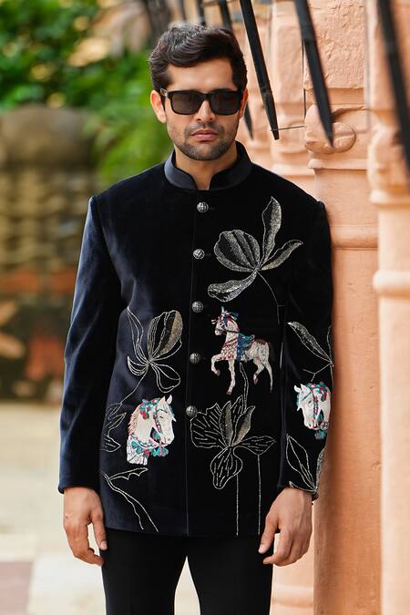 Buy Courtyard By Abhi Black Velvet, Lycra, Polyester Cut Merry Pony Garden Bandhgala With Trouser Online at Aza Fashions Buy_Courtyard By Abhi_Black Velvet, Lycra, Polyester Cut Merry Pony Garden Bandhgala With Trouser _Online_at_Aza_Fashions