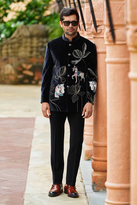 Shop Courtyard By Abhi Black Velvet, Lycra, Polyester Cut Merry Pony Garden Bandhgala With Trouser Online at Aza Fashions Shop_Courtyard By Abhi_Black Velvet, Lycra, Polyester Cut Merry Pony Garden Bandhgala With Trouser _Online_at_Aza_Fashions