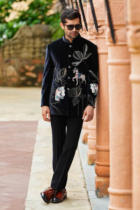 Courtyard By Abhi Black Velvet, Lycra, Polyester Cut Merry Pony Garden Bandhgala With Trouser at Aza Fashions Courtyard By Abhi_Black Velvet, Lycra, Polyester Cut Merry Pony Garden Bandhgala With Trouser _at_Aza_Fashions